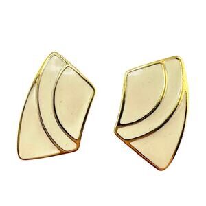 Vintage Trifari Art Deco Inspired Retro Cream Enamel Gold Tone Clip On Earrings
